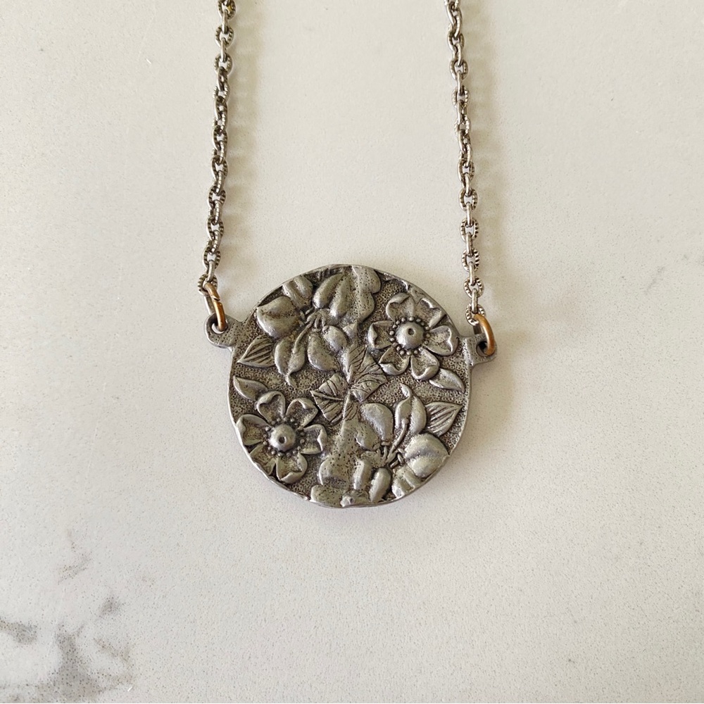 Vintage Art Deco Style Pewter Floral Pendant